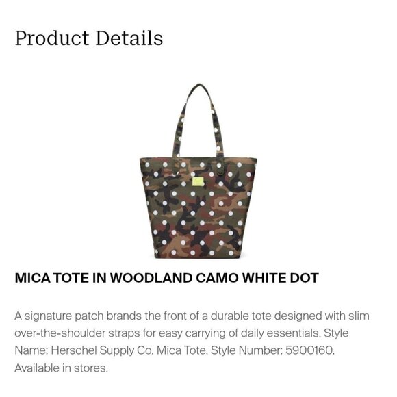 Herschel Supply Co NWT Mica Tote Woodland Camo White Dot Canvas Double Handle - Picture 8 of 8